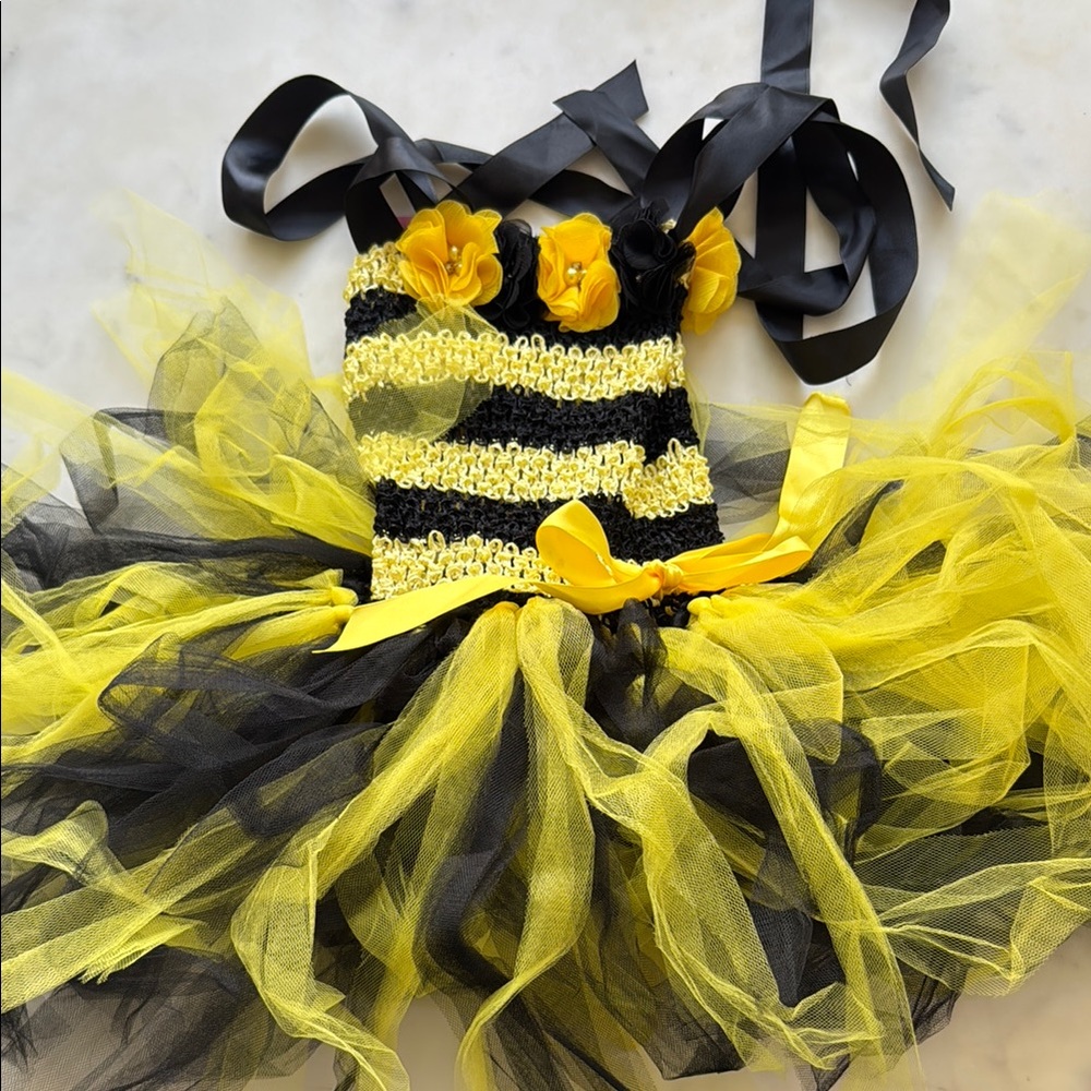 bumble bee costume - size 3, knit + mesh, jewel detail flowers, ribbon sleeves